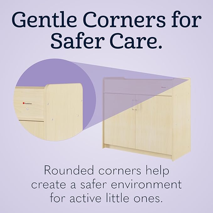 Foundations SafeSwing Daycare Changing Table, Formerly SafetyCraft - Durable Wood Cabinet with 2 Built-in Shelves - Storage w/Soft Close Hinges, Includes Durable Mattress Pad - Natural