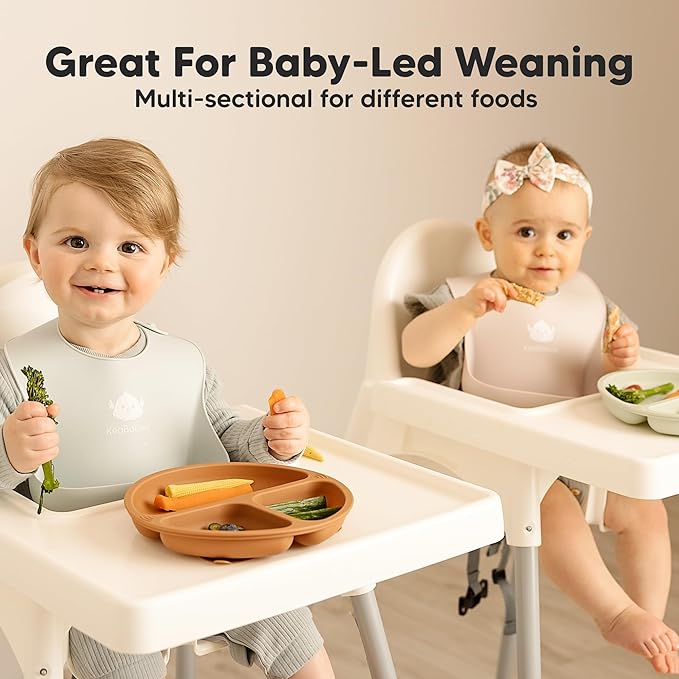 KeaBabies Suction Plates for Baby, Toddler - 3-Pack 100% Silicone Toddler Plates with Suction, Divided, BPA-Free Baby Led Weaning Essentials for Kids, Dishwasher, Microwave Safe, Durable (Roseate)