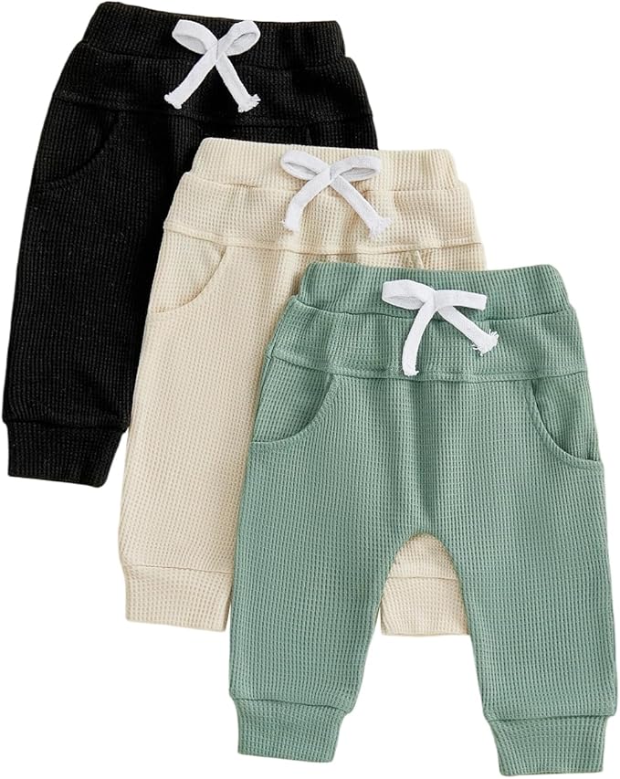Sejardin Toddler Baby Boy Girl Pants 3 Pack Solid Color Elastic Waist Jogger Sweatpants Newborn Infant Casual Bottoms