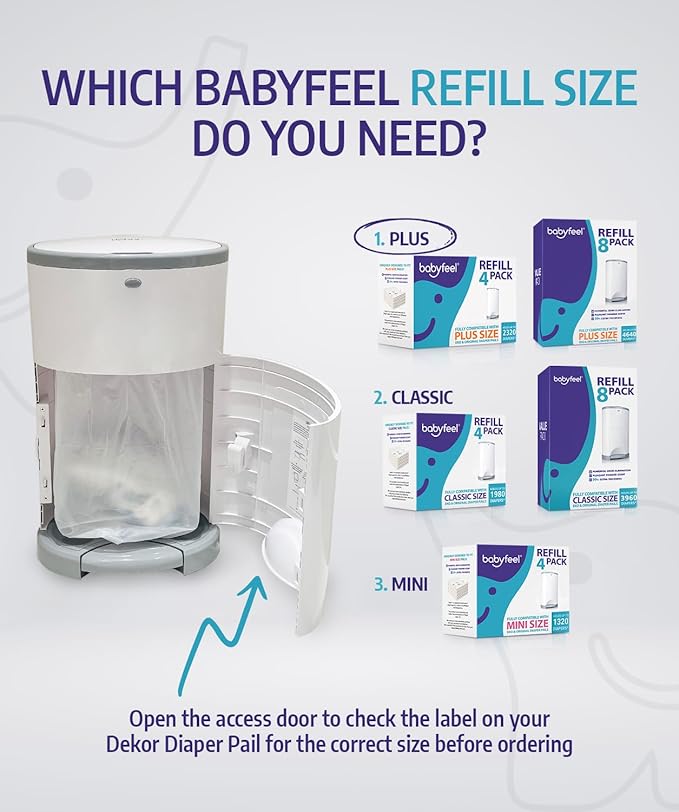 Babyfeel Refills Compatible with DEKOR PLUS Diaper Pails | 4 Pack | Exclusive 30% Extra Thickness | Diaper Pail Refills with Powerful Odor Elimination | Fresh Powder Scent | Holds up to 2320 Diapers