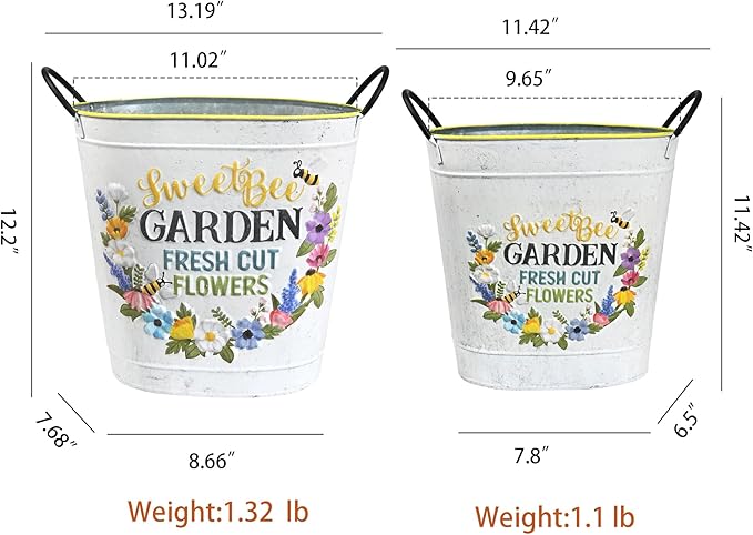 Set of 2 Sweet Bee Garden Metal Planter Buckets, Rustic Farmhouse Flower Pots with Handles, Decorative Indoor Outdoor Gardening Containers for Succulents, Herbs, Home & Porch Decor