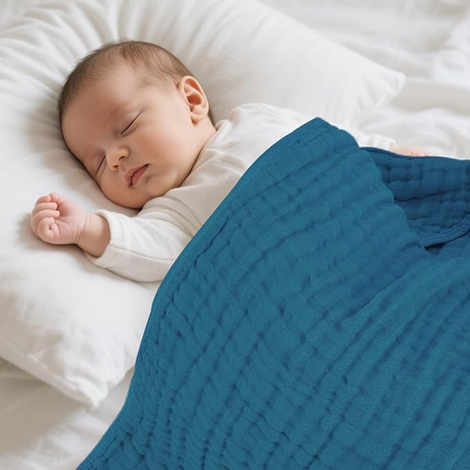 Muslin Baby Towels 100% Cotton ，Super Soft Muslin Baby Bath Towel - 32 x 32 Inches, Suitable for Newborn and Young Children up to 3 Years Old. (Light Blue & Dark Blue)