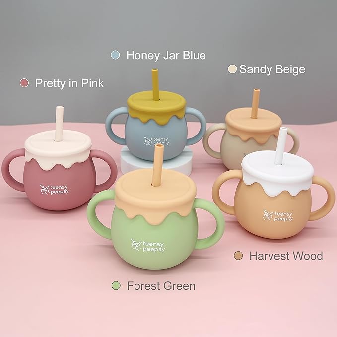 Honey Jar Pot 3-in-1 Silicone Training Cup 8.5oz, Baby Sippy Cup with Straw & Snack Cup for 6 months+ Straw Cup for Baby Girl Gift, Open Cup Toddler Smoothie Drinkware (Pretty in Pink)