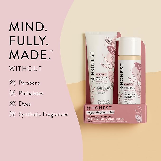 The Honest Company 2-in-1 Cleansing Shampoo and Body Wash and Face and Body Lotion Bundle Gentle for Baby Naturally Derived Sweet Almond Nourish 18.5 fl oz