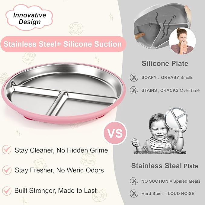 Bella's Friends Stainless Steel Toddler Plates Silicone Suction,3 Packs Non-Slip Baby Plates,Divided Portion,Food-Grade Silicone Plate for Kids,LEAD-FREE Dishwasher Safe, Gray White Green