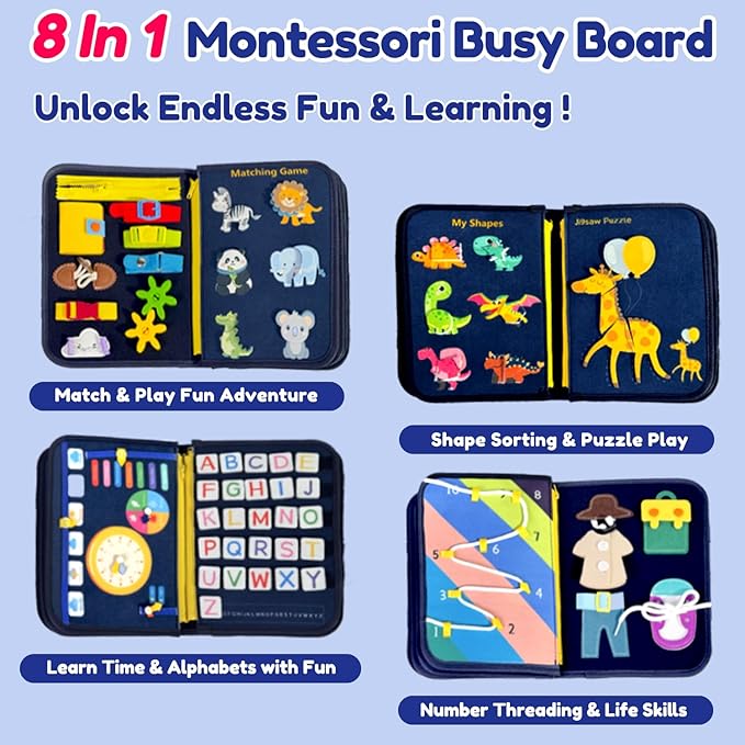 Qizfun Busy Board Montessori Toy for Toddlers, Educational Sensory Learning Toy for Fine Motor Skills, Preschool Travel Toy for Airplane & Car, Gifts for Boys and Girls (Blue/P8)