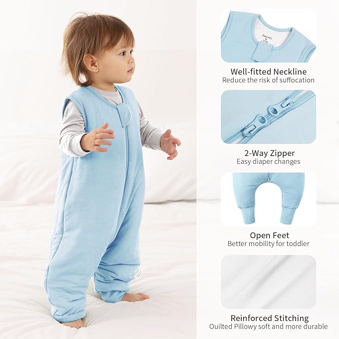 Rayon Made From Bamboo Sleep Sack 12-24 Months 0.5 Tog Ultra Soft Summer Toddler Sleep Sack 1t-2t with Feet 2-Way Zipper Lightweight Sleeping Bag Baby Wearable Blanket (2 Pack)-Blue & Gray