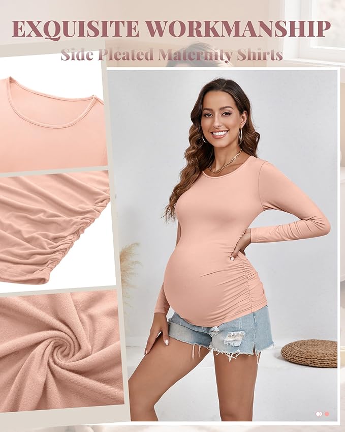 Ficerd 3 Pack Women's Maternity Shirts, Long Sleeve Side Ruched Pregnancy Tee Tops Crew Neck Casual Mama Clothes Basic Tunic