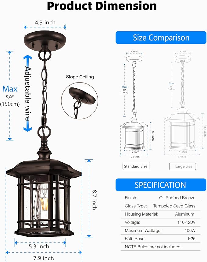 VIANIS Outdoor Pendant Light, Brown Outdoor Chandelier Sconce, Oil Rubbed Bronze Porch Lights Ceiling, Waterproof Hanging Lights for House, Patio, Garden, Anti-Rust, 100% Aluminum