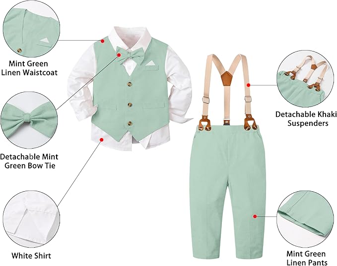 SANGTREE Boys Cotton Linen Suit Formal Set Baby Clothes Boy Gentleman Wedding Ring Bearer Outfits, 3 Months - 9 Years