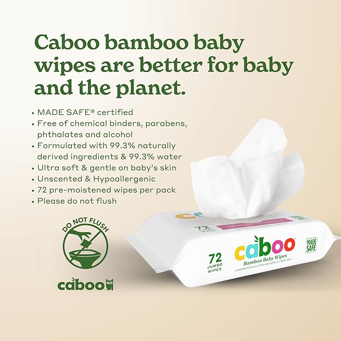 Caboo Baby Wipes, Made with Bamboo Viscose, Certified Made Safe Ingredients, Unscented Baby Wipes Good for Sensitive Skin, 72 Wipes Per Travel Pack, Bulk Total of 864 Wet Wipes