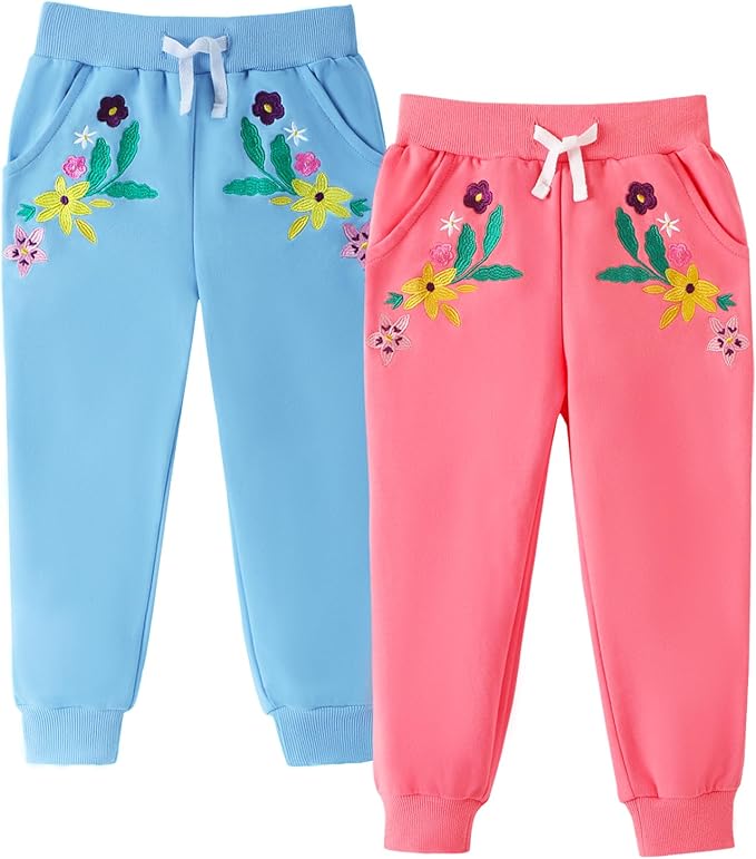 HILEELANG Girls Cotton Joggers Sweatpants Embroidery Drawstring Waist Pockets Casual Pants for Kids 12M-7Y
