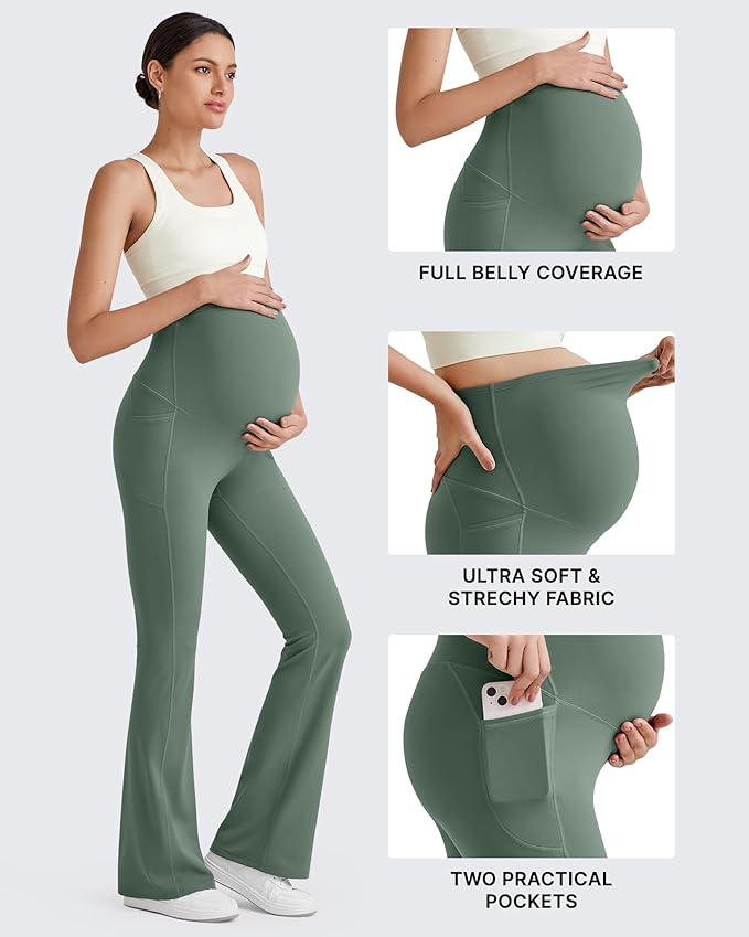G4Free BareFeel Maternity Flare Leggings with Pockets Over The Belly Stretchy Casual Lounge Pregnancy Dress Pants for Work