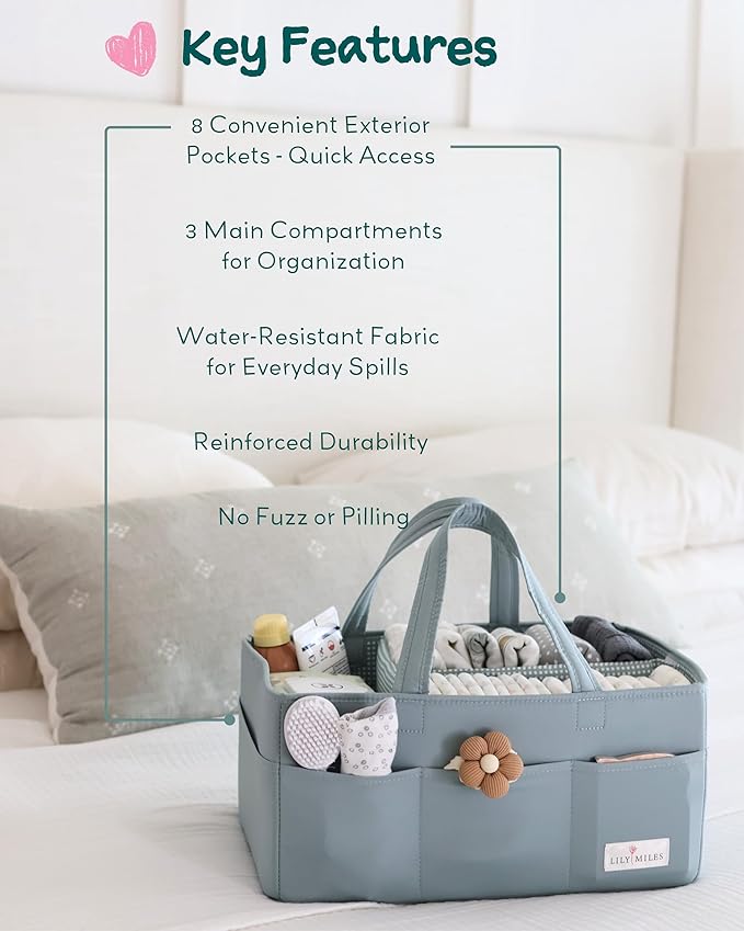 Lily Miles Baby Diaper Caddy Organizer, Wipeable Diaper Organizer Basket with 8 Pockets for Newborn Essentials, Nursery Tote Bag for Changing Table & Car Organization (Willow Green, Large)
