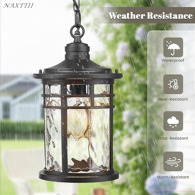 Large Hanging Porch Light 12.4 Inch Dusk to Dawn Outdoor Pendant Light with Water Ripple Glass Waterproof Outdoor Hanging Lantern Light with Adjustable Chain E26 Socket