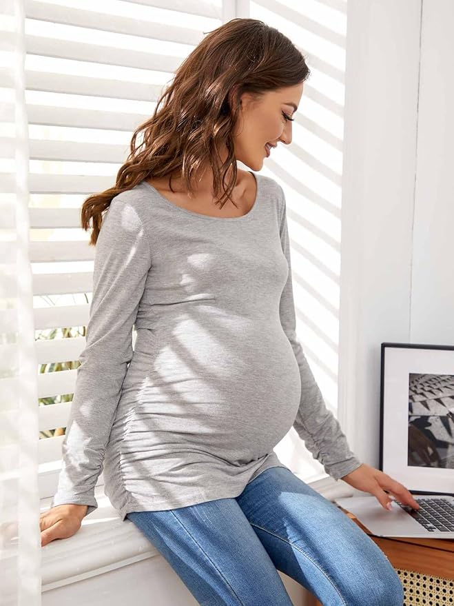 Ecavus Women's Maternity Shirts Long Sleeve Soft Stretchy Pregnancy Tops Side Ruched Casual Mama Clothes