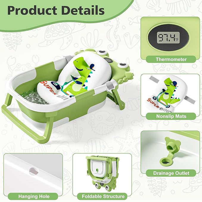 Collapsible Baby Bathtub for Newborns with Thermometer and Soft Floating Cushion Portable and Foldable Travel Baby Boy Bath Tub for Infants to Toddler 0-36 Month (Green)