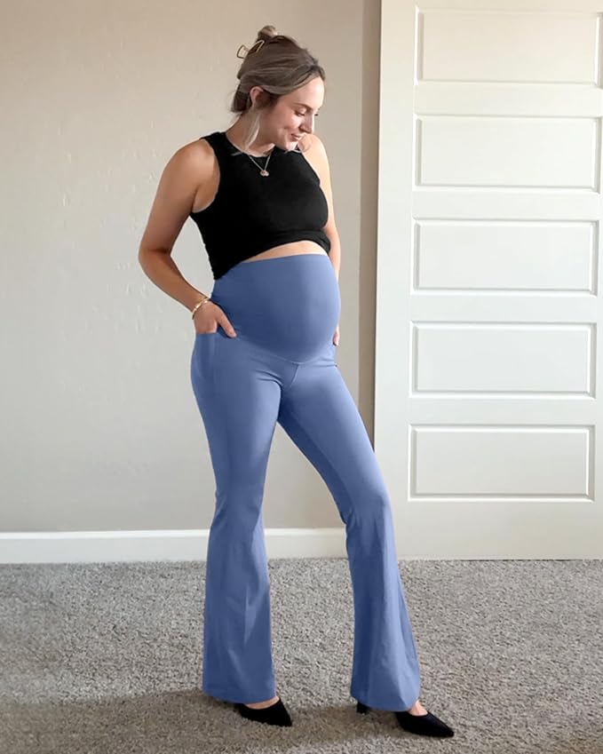 G4Free BareFeel Maternity Flare Leggings with Pockets Over The Belly Stretchy Casual Lounge Pregnancy Dress Pants for Work