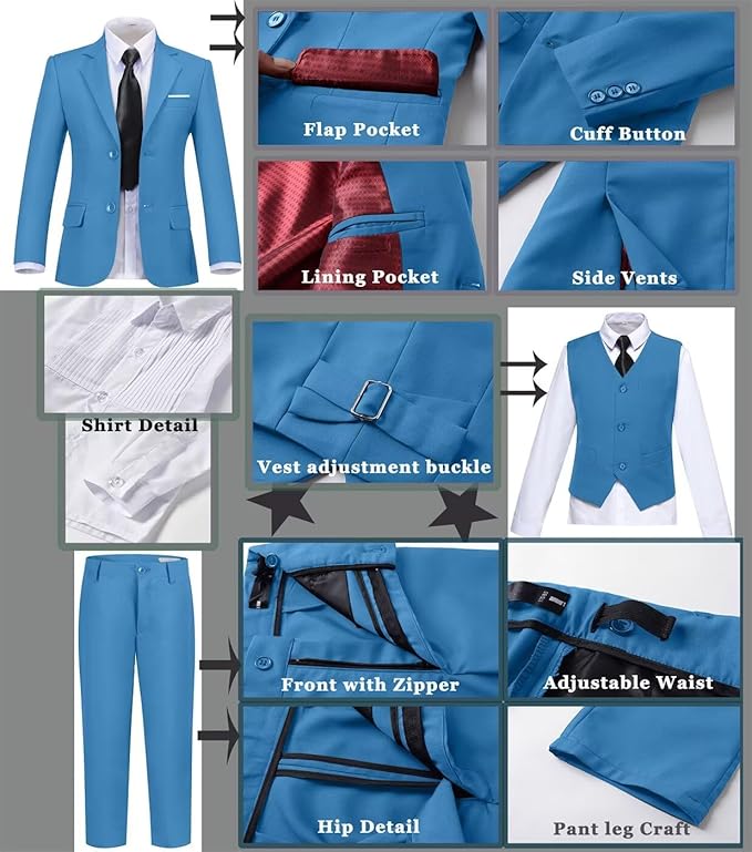 Boys Suit Set Slim Fit Kids Formal Suits Toddler Tuxedo Wedding Prom Classic Suits for Boy Teen Black Blue Dress Outfit