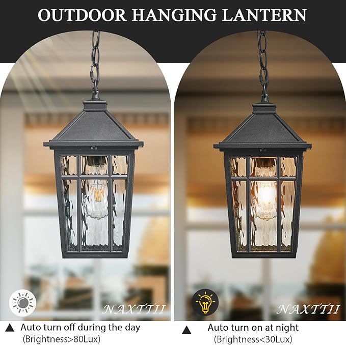 Large Outdoor Pendant Lights for Porch 15.2 Inch Dusk to Dawn Black Hanging Porch Lights Outdoor Waterproof Exterior Hanging Light Fixture with Adjustable Chain E26 Socket