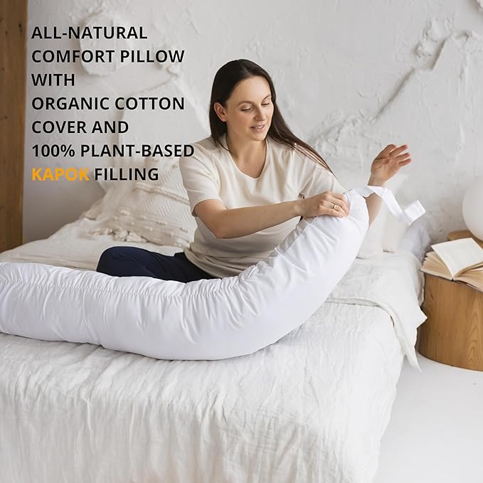First Organic Cotton Pregnancy Pillow for Sleeping & Baby Feeding made with Natural Kapok Filling – Cooling Nursing & Comfort Pillow for Maternity Support & Side Sleepers – Removable Cover Included!