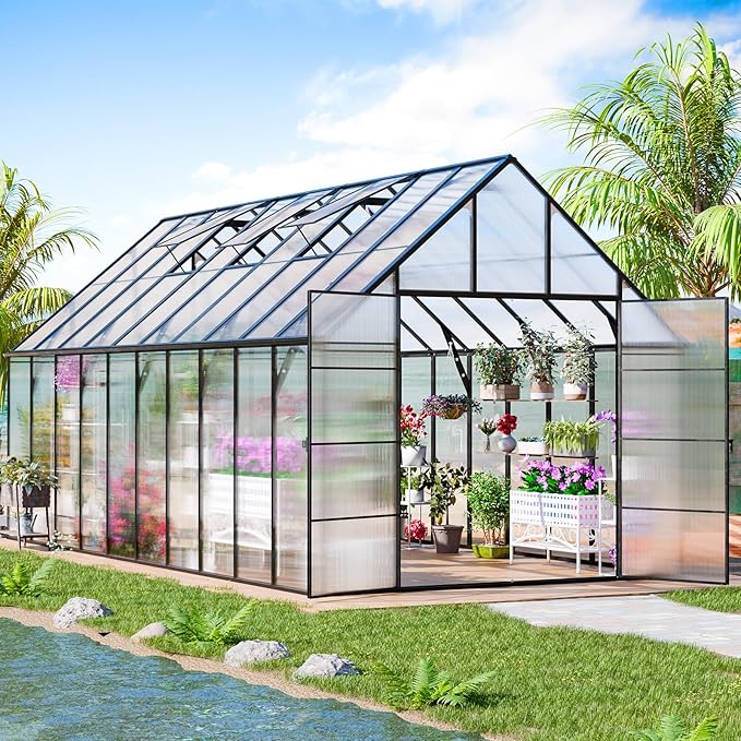 CDCASA 20x10x10 FT Greenhouse for Outdoors, Easy Assembly Large Thicker Aluminum Heavy Duty Polycarbonate Greenhouses Kit w/4 Vents, Swing Door, Outside Walk-in Green House for Sunroom Patio,Backyard