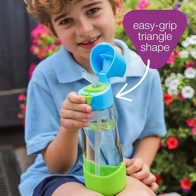 b.box Kids Water Bottle – Tritan Toddler Drink Bottle with Straw for School, Daycare, Travel w/Easy-Grip Triangular Design, Leak Proof Lid & Handle, BPA Free, Dishwasher Safe (Emerald Forest)