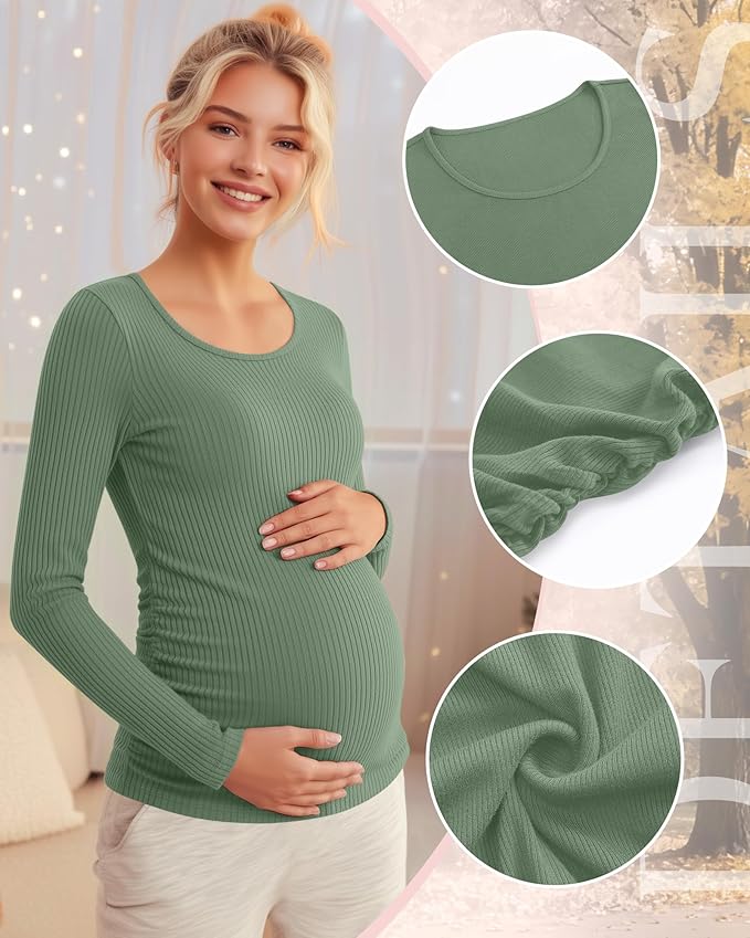 Riyiper 4 Pack Women's Maternity Shirts, Long Sleeve Cotton Ribbed Pregnancy Tee Top Crewneck Side Ruched Casual Mama Clothes
