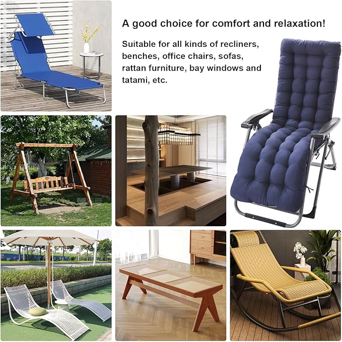 ERWUDEling Extra Wide 67 Inch Sun Lounger Cushion - Thick Blue Patio Chair Pad, Slip Pad w/8 Ties, Zero Gravity Chairs/Outdoor Garden Loungers