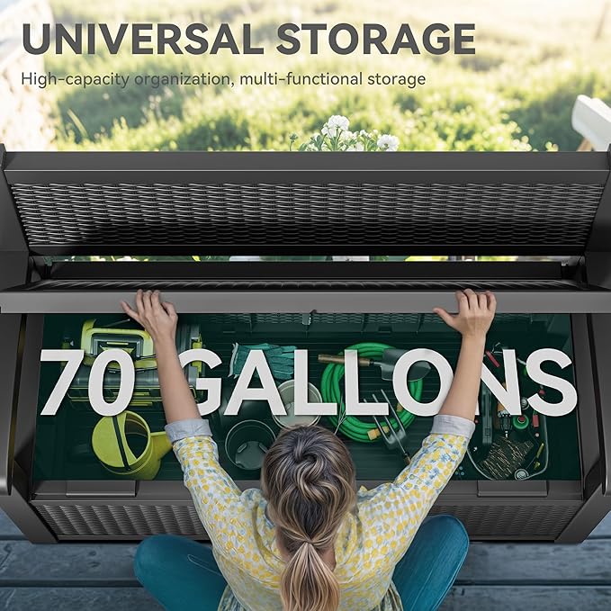 YITAHOME 70 Gallon Storage Bench Deck Box, Lockable Patio Bench, Waterproof Outdoor Pool Deck Storage for Patio Cushions, Garden Tools and Pool Supplies, Black
