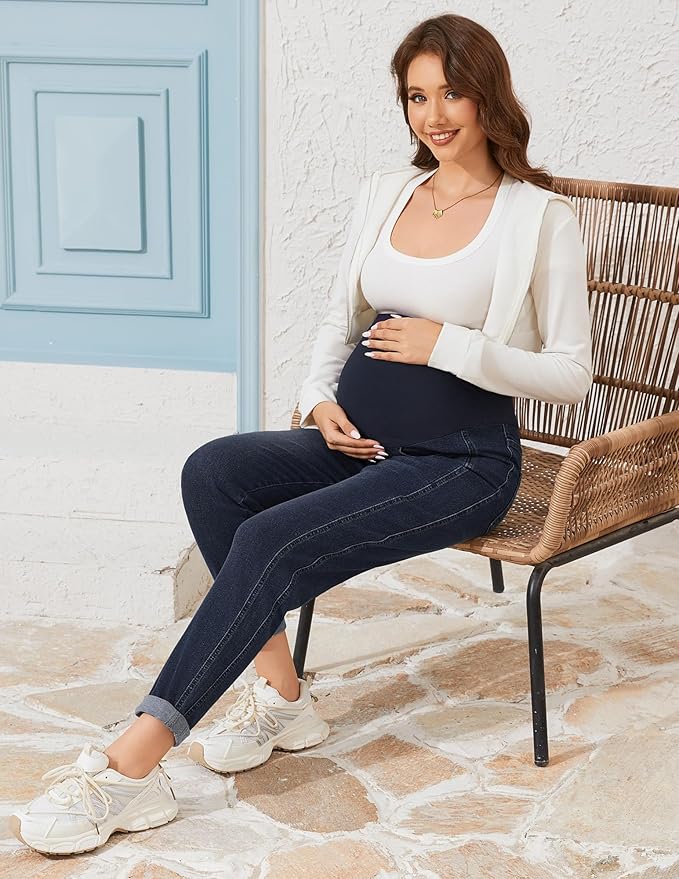 POSHGLAM Women's Maternity Jeans Over Belly Comfy Stretch 28'' Boyfriend Jeans Loose Pregnancy Pants, S-XXL