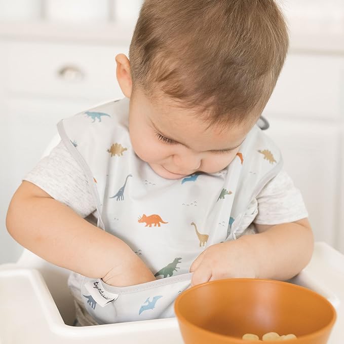 Tiny Twinkle Mess Proof Baby Bibs for Eating – Waterproof, Wipeable Toddler Bibs with Pocket – Baby Food Bibs for Girls & Boys(3 Pack,Sea, Dino)