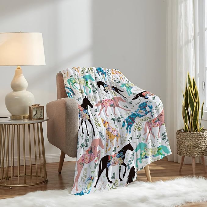 Colorful Floral Horse Blanket for Boys Girls, Flowers Animals Kids Throw Blanket Gift for Child, Fluffy Cozy Soft Lightweight Blankets for Bed Office, 40x50 Inches