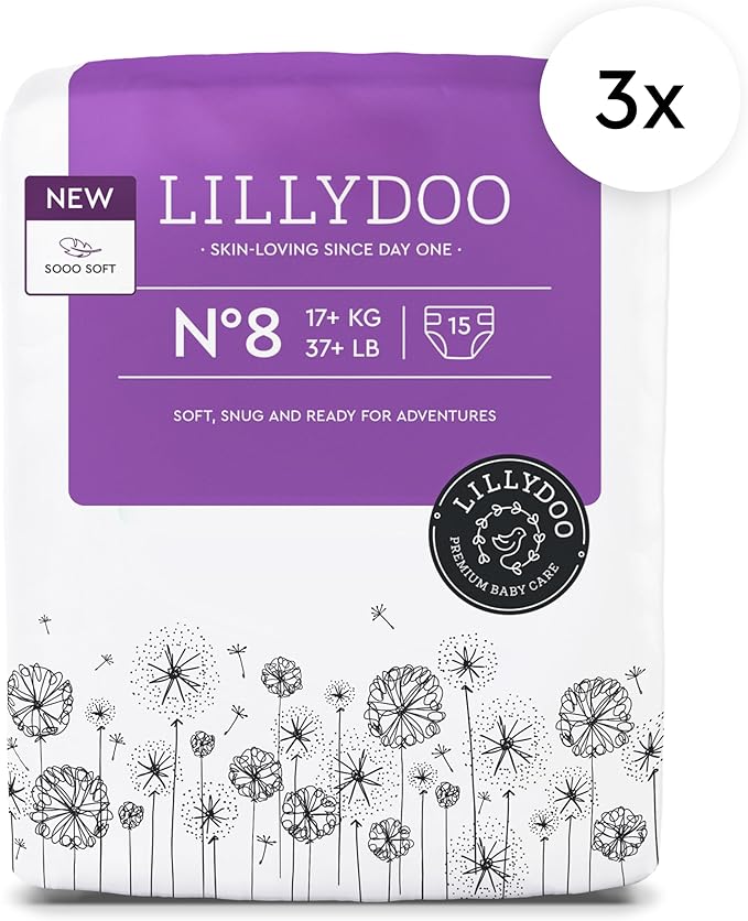 LILLYDOO Baby Diapers - Size 8 (37+ lbs), Half-Monthly Supply (90 Count), Leak Protection, Skin-Friendly, Ultrasoft, Perfume- & Chlorine-Free, Hypoallergenic, Dermatologist Tested, Oeko-TEX®