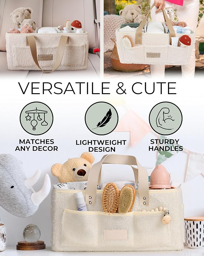 Baby Diaper Caddy Organizer with Portable Changing Mat - Teddy Fleece Diaper Organizer for Changing Table - Basket for Changing Essentials - Baby Essentials Organizer with Removable Dividers