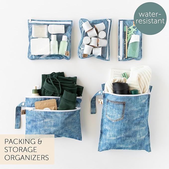 Bumkins Roamio Travel Set – Waterproof Wet Bag, Wet/Dry Clutch, 3 Clear TSA Pouches – Reusable Organizers for Swim, Gym, Toiletries, Baby Gear, Pump Parts, Beach, Pool, Travel, Faux Denim 5-pc Set