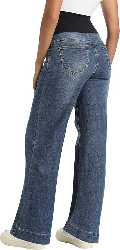 Foucome Women's Maternity Jeans Wide Leg Trendy Comfy Stretchy Straight Leg Pregnancy Denim Pants