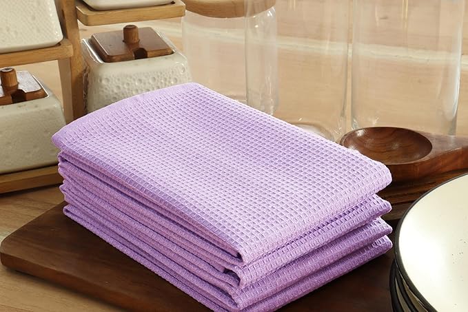 PurpleEssences Waffle Weave Kitchen Towel, 100% Cotton - 15 x 25 Inches, with Hanging Loop Ultra Soft Absorbent Quick Drying Dish Cloth, Tea and Hand Towels, 6 Pack - Fall Thanksgiving - Lavender