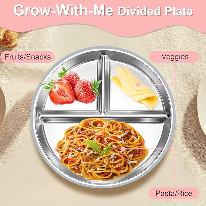 Bella's Friends Stainless Steel Kids Plates 8" Suction Plate for Baby,3 Packs Non-Toxic Divided Toddler Plates,Food-Grade Silicone Plate for Baby,Dishwasher Safe,purple,dark green,rose