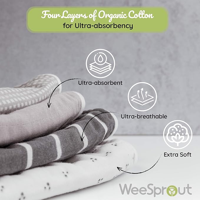 WeeSprout Unisex Organic Towel Cotton Burp Cloths, Set of 4, Four Ultra-Absorbent Layers Keep Clothes Dry, Button Transforms into Baby Bib, Machine Washable & Dryer Safe (Neutral Set, Full)