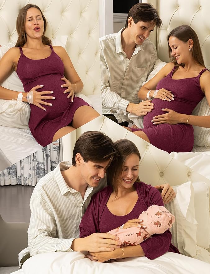 SUNNYBUY Women's Nursing Nightgown Maternity Robe Set, 3 in 1 Labor Delivery Breastfeeding Dress Postpartum Sleepwear
