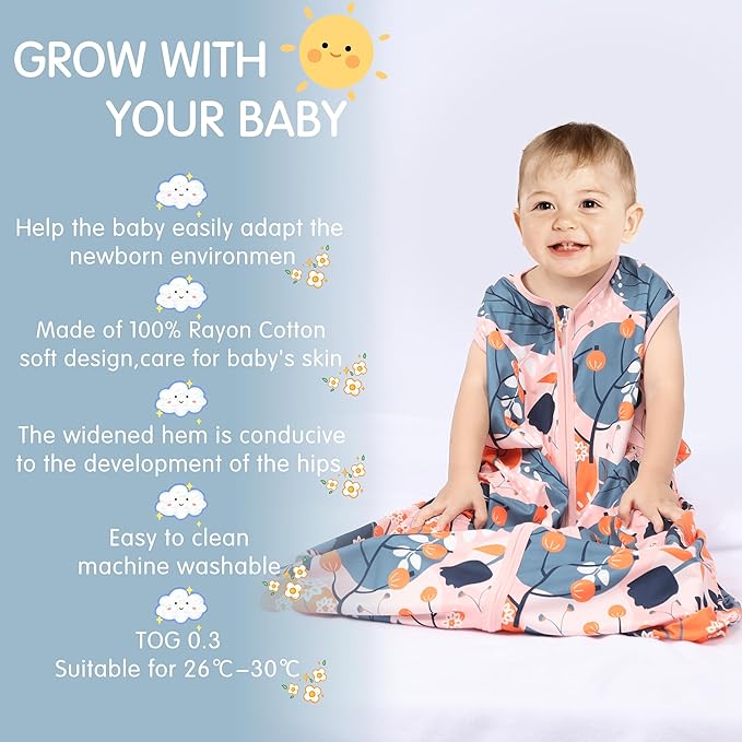 3 Pack Baby Sleep Sack 100% Rayon Cotton Baby Sleeping Bag 2-Way Zipper Toddler Wearable Blankets TOG 0.3. (Gerbera&Tulips&Pink, 0-6 Months)