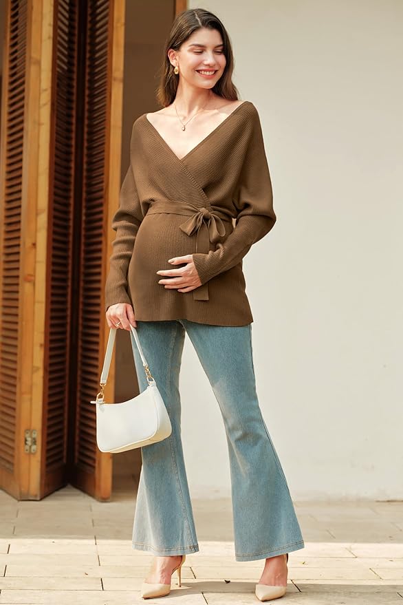 OUGES Womens Soft Cotton Blend Maternity Sweater Wrap V Neck Long Sleeve V Back Fall Shirts Pregnancy Outfits with Belt
