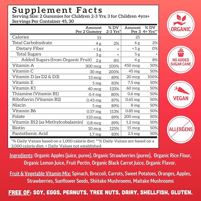Llama Naturals Kids Multivitamin Gummies, Vegan, Organic with Vitamin D, C & K, Toddler Real Fruit Gummy Vitamins, Chewable Supplement, Whole Food Multivitamin, No Added Sugar Cane, Strawberry, 2 Pk
