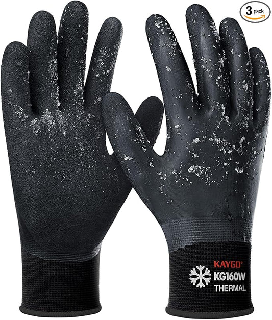 KAYGO Winter Waterproof Work Gloves for Men and Women, 3 Pairs Thermal Insulated Freezer Rubber Coated Gloves,Super Grip,KG160, S, Black,