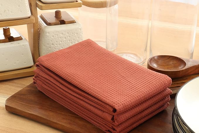 PurpleEssences Rust Waffle Weave Kitchen Towel, 100% Cotton - 15 x 25 Inches, with Hanging Loop Ultra Soft Absorbent Quick Drying Dish Cloth, Tea and Hand Towels, 4 Pack - Fall Thanksgiving - Rust