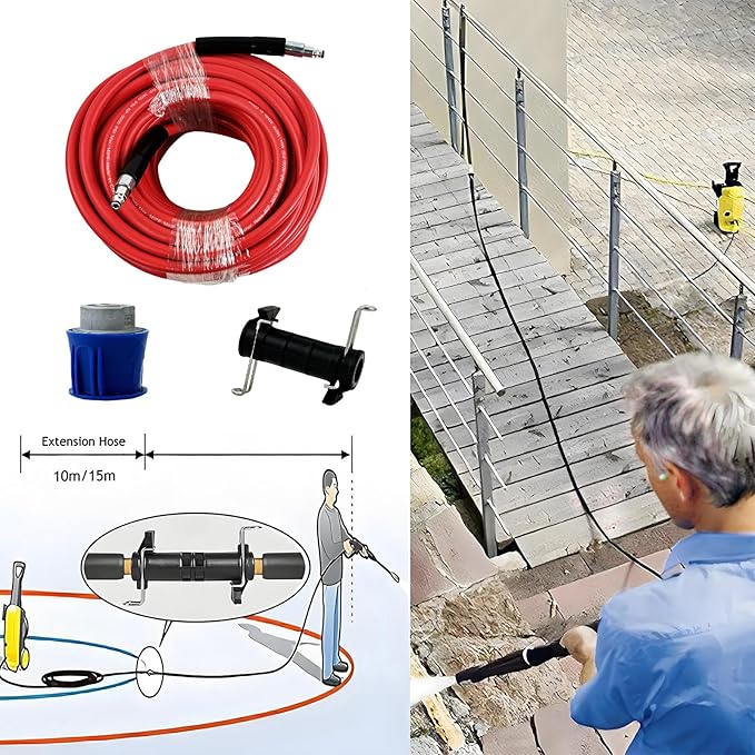 5800PSI/400Bar Ultra Flexible Pressure Washer Hose for Bosch Home Cleaning, 5M-30M High Pressure Extension Tube with Quick-Connect Adapter,(Red/Blue/Yellow/Green/Grey/Orange/Light Blue)(Red,50FT)