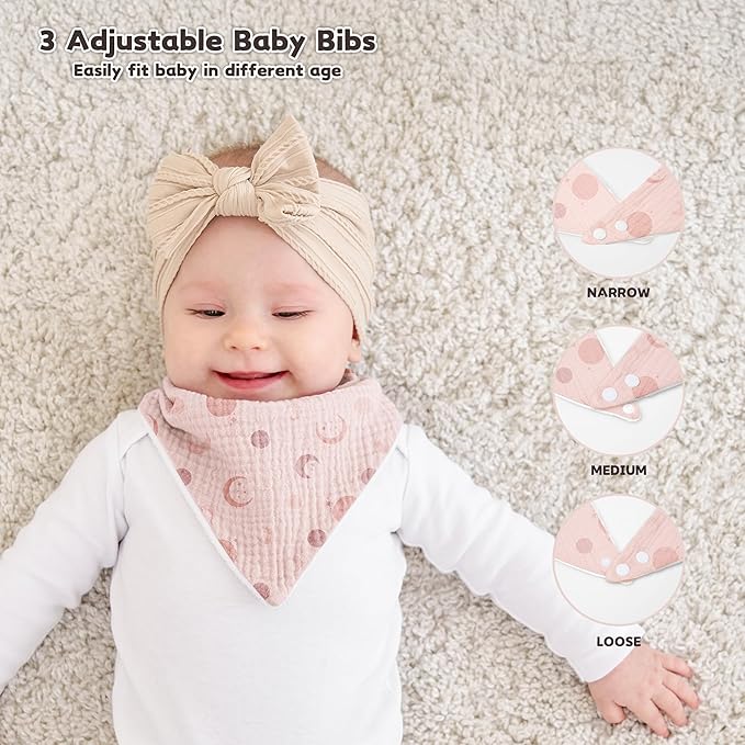 Susurration Muslin Baby Bibs 10Pack Bandana Drool Bibs Soft Adjustable Newborn for Unisex Girls & Boys (Pink Stars)