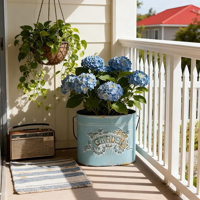 Vintage Distressed Blue Metal Planter Pot with Handles, Garden No.2 Embossed Design, Rustic Farmhouse Flower Bucket for Indoor Outdoor Gardening, Succulents, Herbs, Home Decor