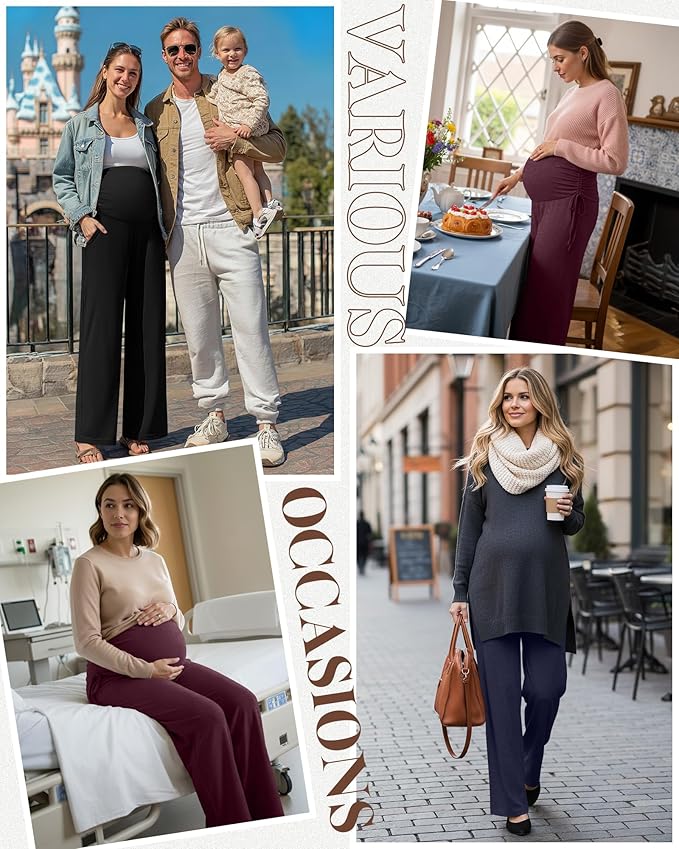Neer 3 Pack Women's Maternity Pants Over The Belly Loose Pregnancy Pants Stretchy Lounge Wide Leg Trousers with Pockets